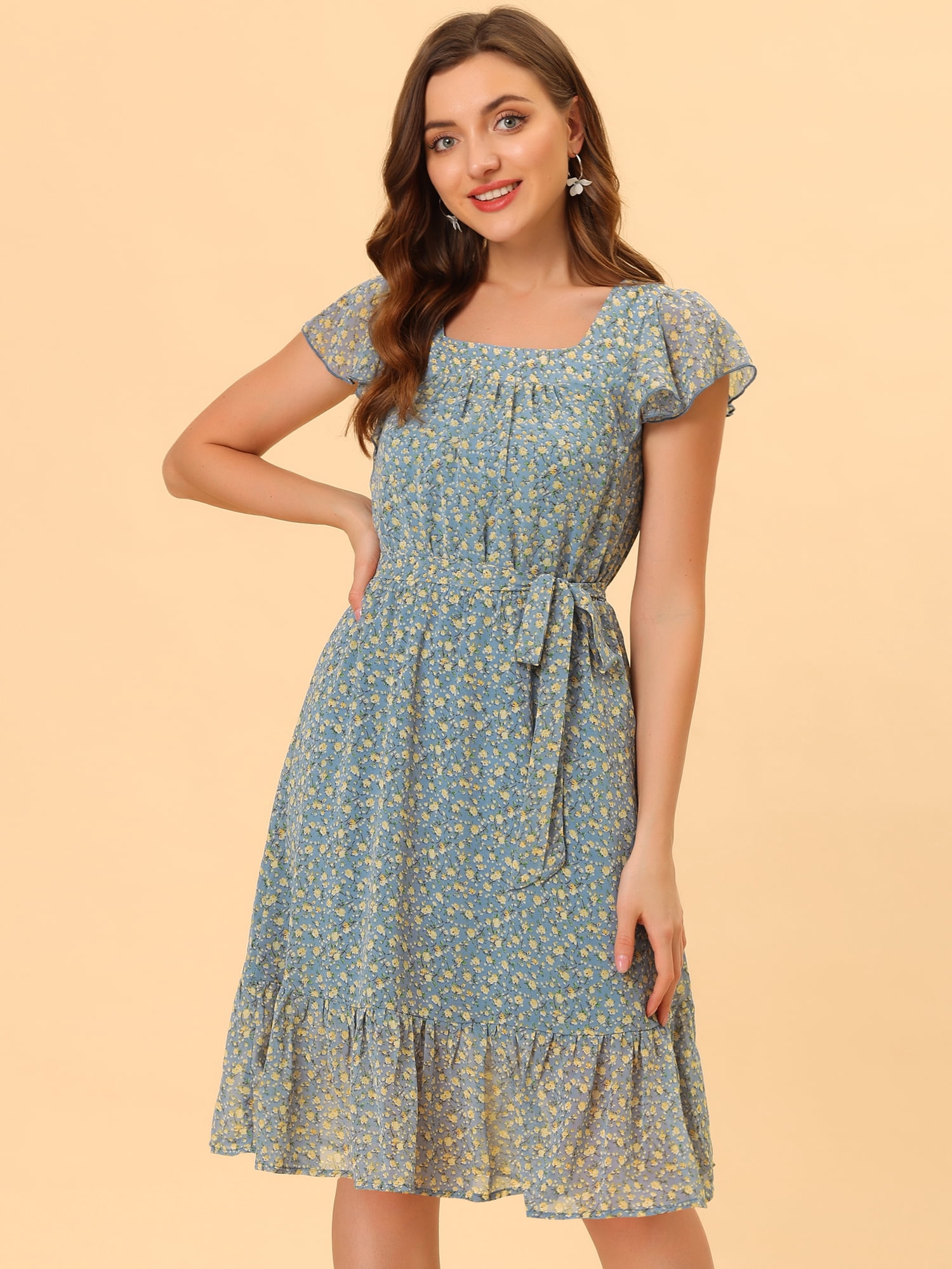 DARING DIVA Square Neck Flutter Sleeve A-Line Midi Dress XS Blue Gray