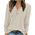 thumbnail image 4 of Womens Tops Long Sleeve Stripe Brushed Solid Color V-Neck Button Solid Top,Tops for Women Beige S, 4 of 5