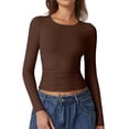 thumbnail image 2 of Women'S Crewneck Long Sleeve Shirt Double Lined Basic Tees Side Ruched Going Out Crop Tops Brown M, 2 of 10
