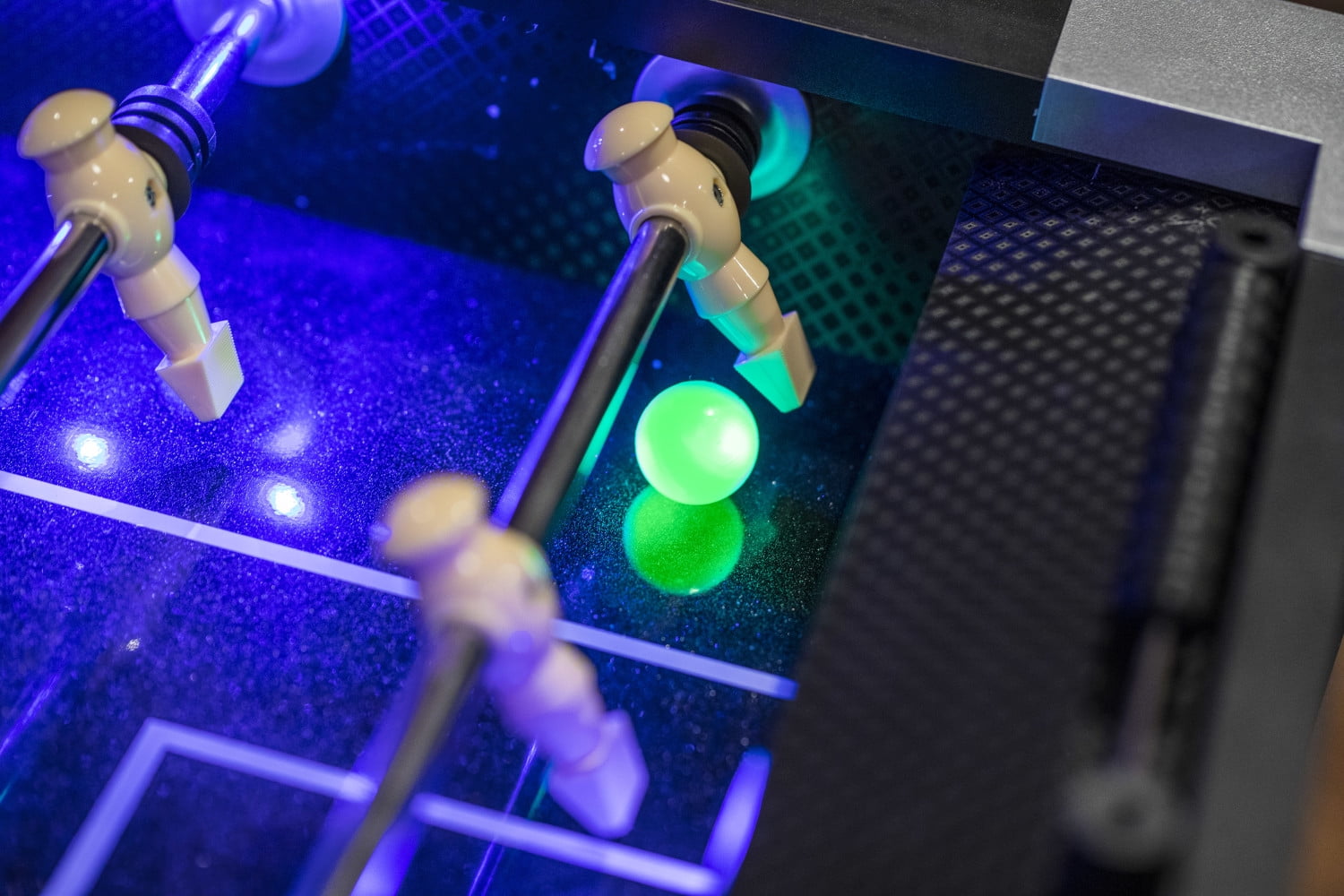 Atomic Azure LED Light Up Foosball Table with Interactive Inrail LED Lighting and Cascading Effects Paired with In Game Music