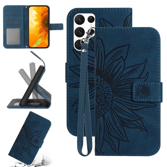 Slim Wallet Case for Samsung Galaxy S22 Ultra,for Men Women,Sunflower Embossed Pattern PU Leather Flip Cover Magnetic Closure Folio Card Slots Kickstand Phone Case with Hand Strap,Inkblue