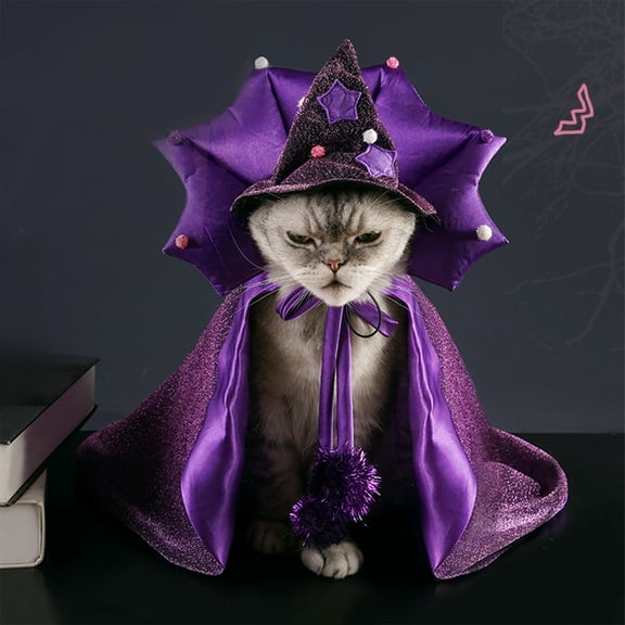 Halloween Pet Costume for Cats and Dogs - Witch Vampire Cape with Bat Wings & Magic Hat - Purple Spooky Dress for Halloween Party,Cosplay,Holiday Fun - Adjustable Fit,Lightweight Polyester