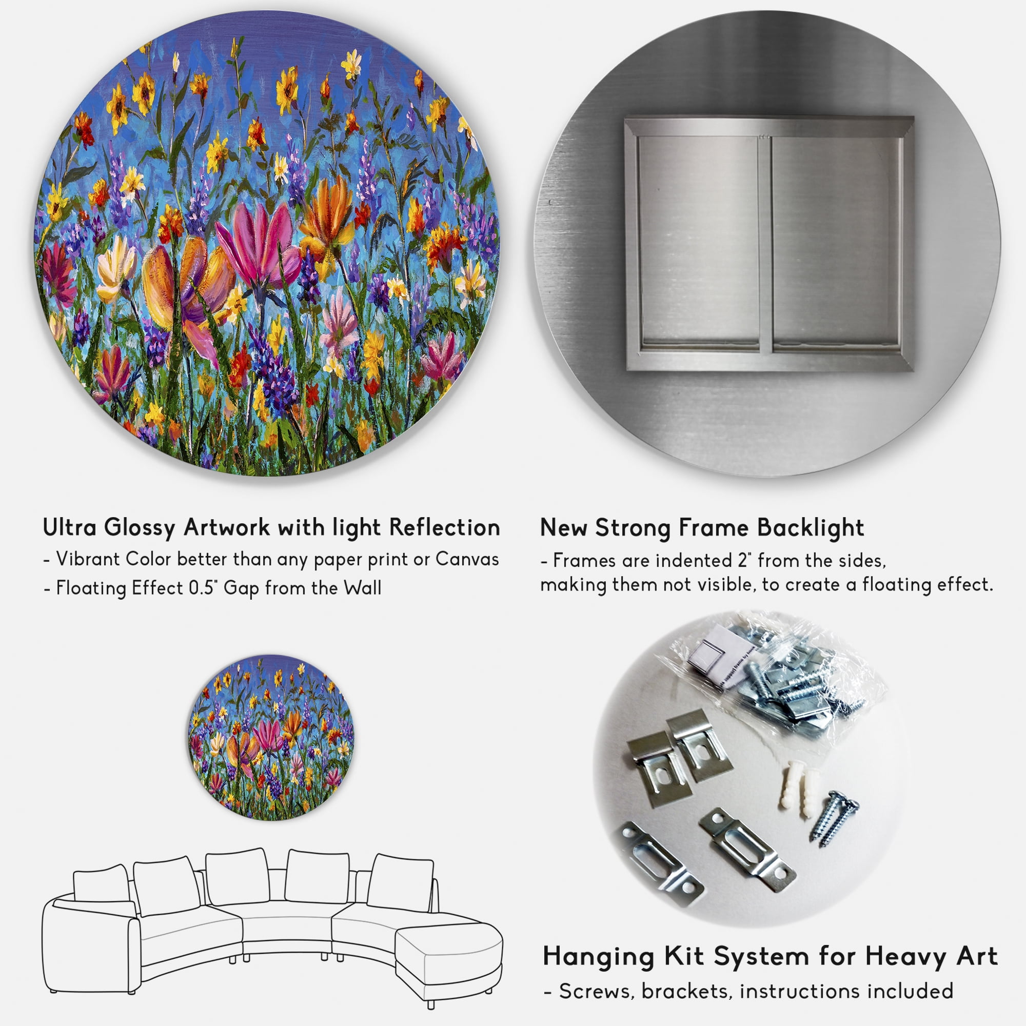 Designart 'Wildflowers and Daisies In Summer Garden Field I' Traditional Circle Metal Wall Art 29x29 - Disc of 29