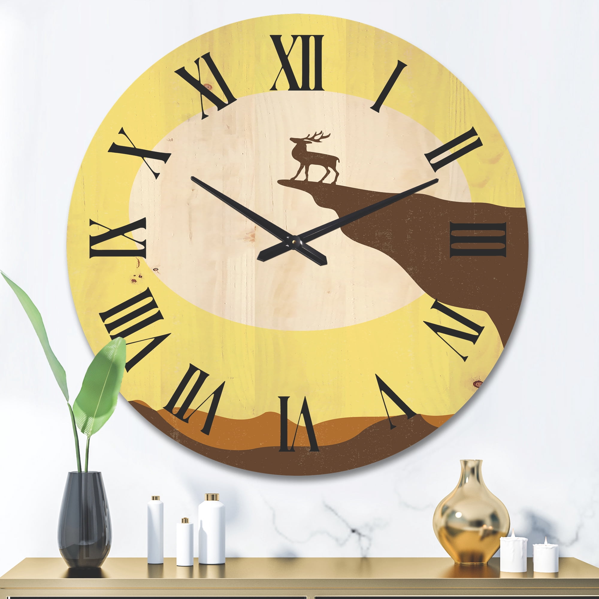 Designart 'Minimalistic Deer At Sunset On Mountain Top' Lake House Wood Wall Clock