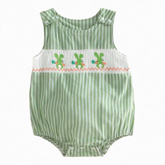 mgoYE Baby Girl Easter Outfit Bunny Cross Embroidery Bubble Romper Sleeveless Easter Onesie Cute Smocked Clothes(Light Green,3-6 Months)