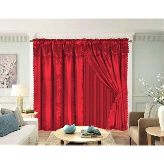 NADA Red color 8 piece complete set window curtain panels, matching valance tie backs top rod pocket 120" W X 84" L