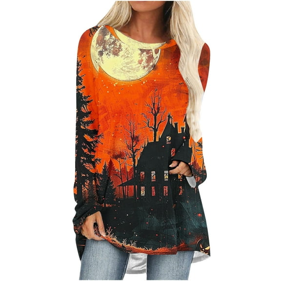 Womens Halloween Shirts Casual Long Sleeve Black Cat Printed Halloween Sweatshirts for Women Crew Neck Tunic Tops
