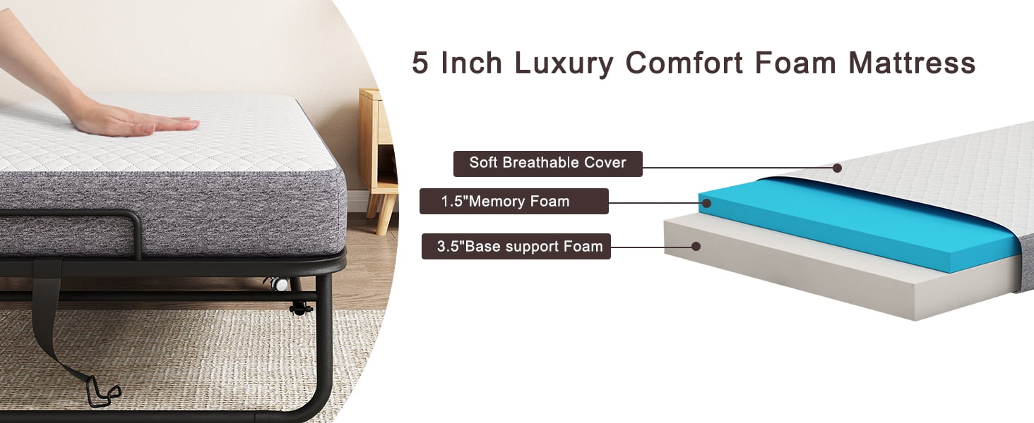 Full Size Folded Bed with Mattress, 75" x 54" Folding Bed, Extra Large Rollaway Bed Guest Bed with Wheels for Guest/Hotel