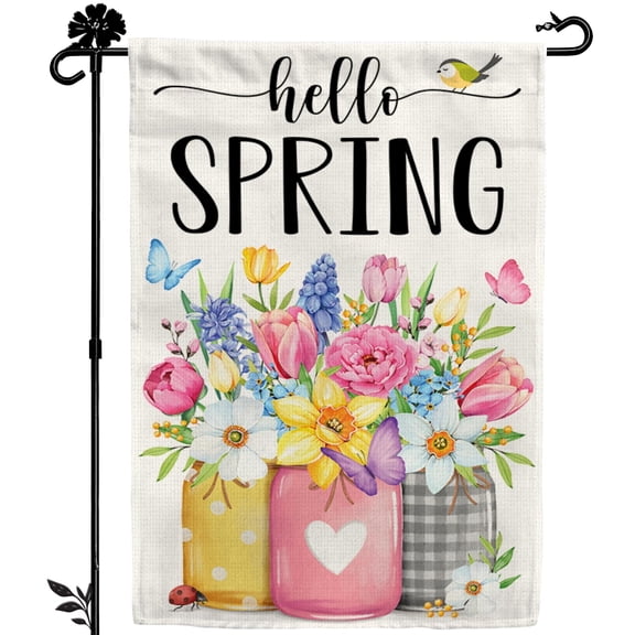 Hello Spring Garden Flag 12x18 Inch Double-Sided, Floral Mason Jar, Outdoor Spring Decorations for Home & Porch & Yard, Small Burlap April Garden Flag for Outside, Welcome Flower Decor for Easter