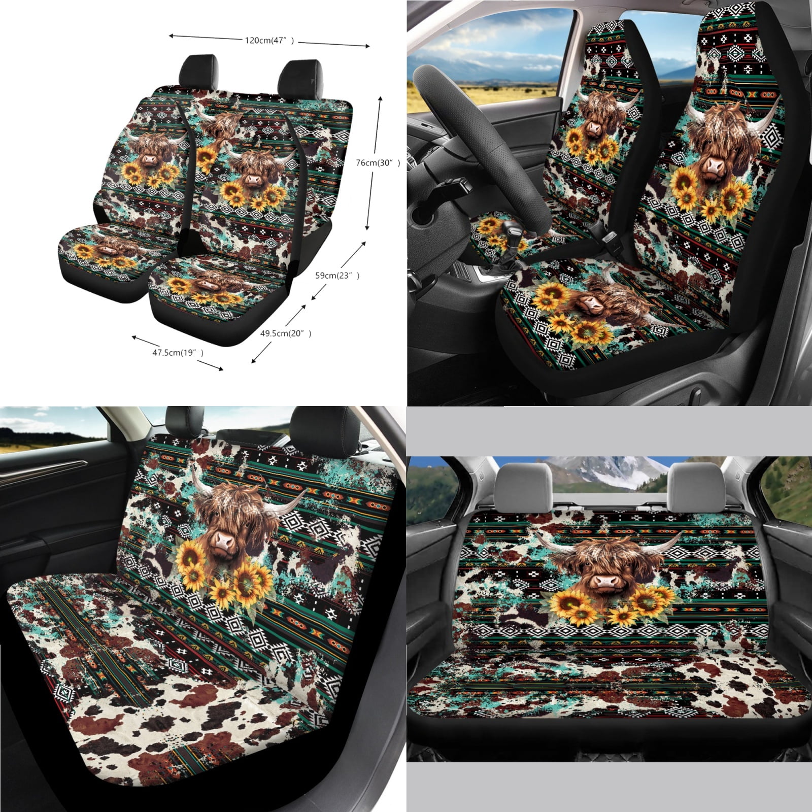 Renewold American Tribal Highland Cow 14 PCS Car Seat Cover Full Set, with Steering Wheel Cover Auto Seatbelt Pads Coaster Trash Can Rear View Mirror Armrest Cover Coasters Gear Shift Knob Cover Set