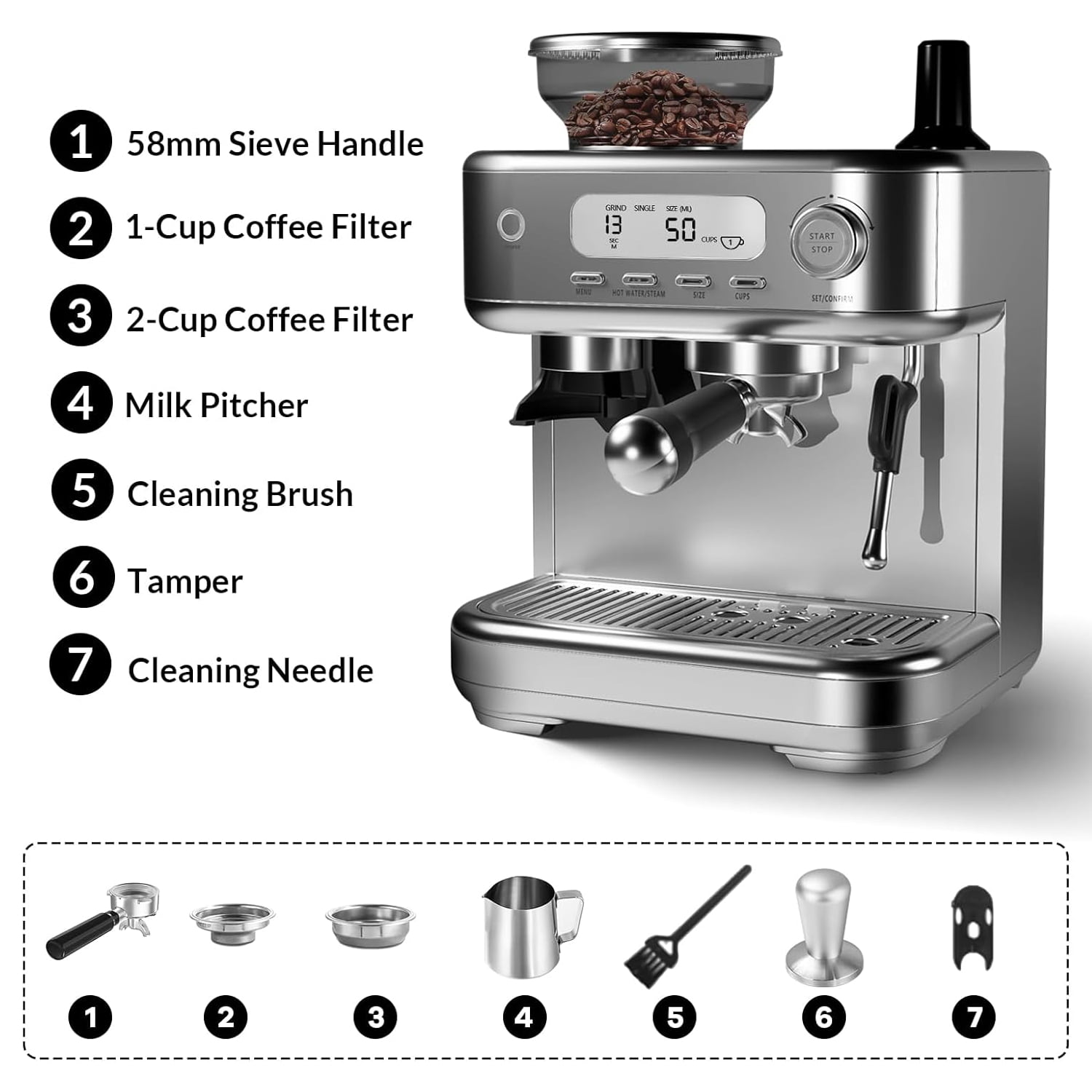 Garvee Espresso Machine with Grinder, 15 Bar Stainless Steel Professional Espresso Maker W/LCD Display & 2.3L Removable Water Tank for Home Office, Gray