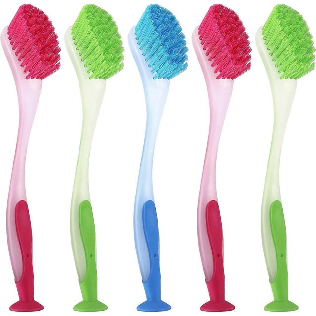 5 Pieces Long Handle Dishwashing Brush Assorted Color Kitchen Cleaning Brush Multipurpose Scrub Tool with Suction Cup for Kitchen, Toilet, etc.