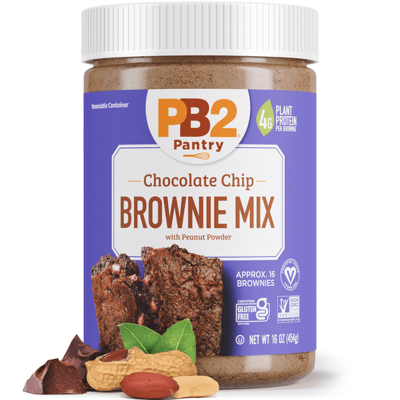PB2 Pantry Chocolate Chip Brownie Mix - 16 oz Jar | Certified Vegan, Gluten Free, Non-GMO, 4g Plant Protein Per Brownie
