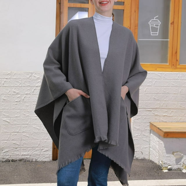 Châle Chaud pour Femmes - Cape d'Hiver - Poncho Ouvert avec Blocage