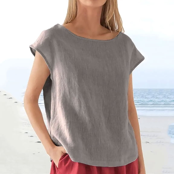 BLCHUNen Short Sleeve Shirts for Women Cotton Linen Casual Lightweight Crew Neck Pullover Outdoor Beach Summer Tops
