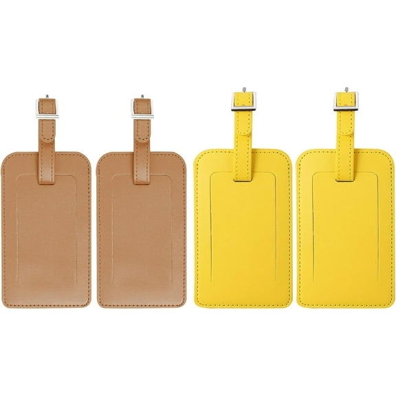 Travel Luggage Tag 7 x 12.3cm PU Leather Brown Yellow Backpack Bag Name Address ID Message Label for Suitcase Handbag Laptop Bag, Pack of 4 Brown/Yellow