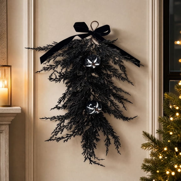 Black Pine Wall Swag, Artificial Seasonal Door Hanging, Greenery Accent for Door Wall Window Mantel and Porch, Ready to Shape Hanging Decoration and Holiday Home Display