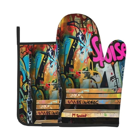

Gaeub Graffiti Lamp Urban Scene Print Oven Mitts and Pot Holders Sets of 2 Heat Resistant Pad Cooking Gloves for Baking BBQ Home Decor