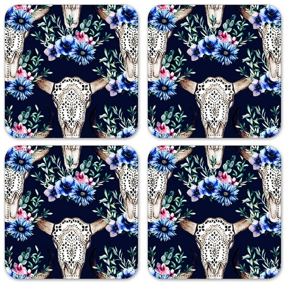 Vinyl Drink Coasters - Set of 4 - Skull Toss with Blue Background