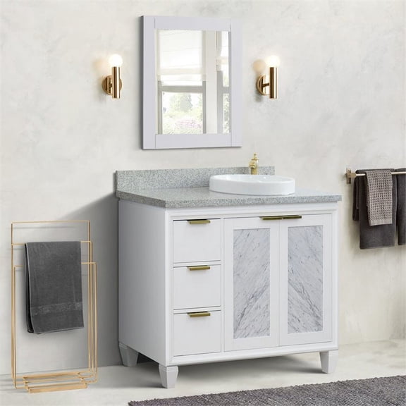 Trento 43" Solid Wood Vanity with Right Round Sink in White/Gray