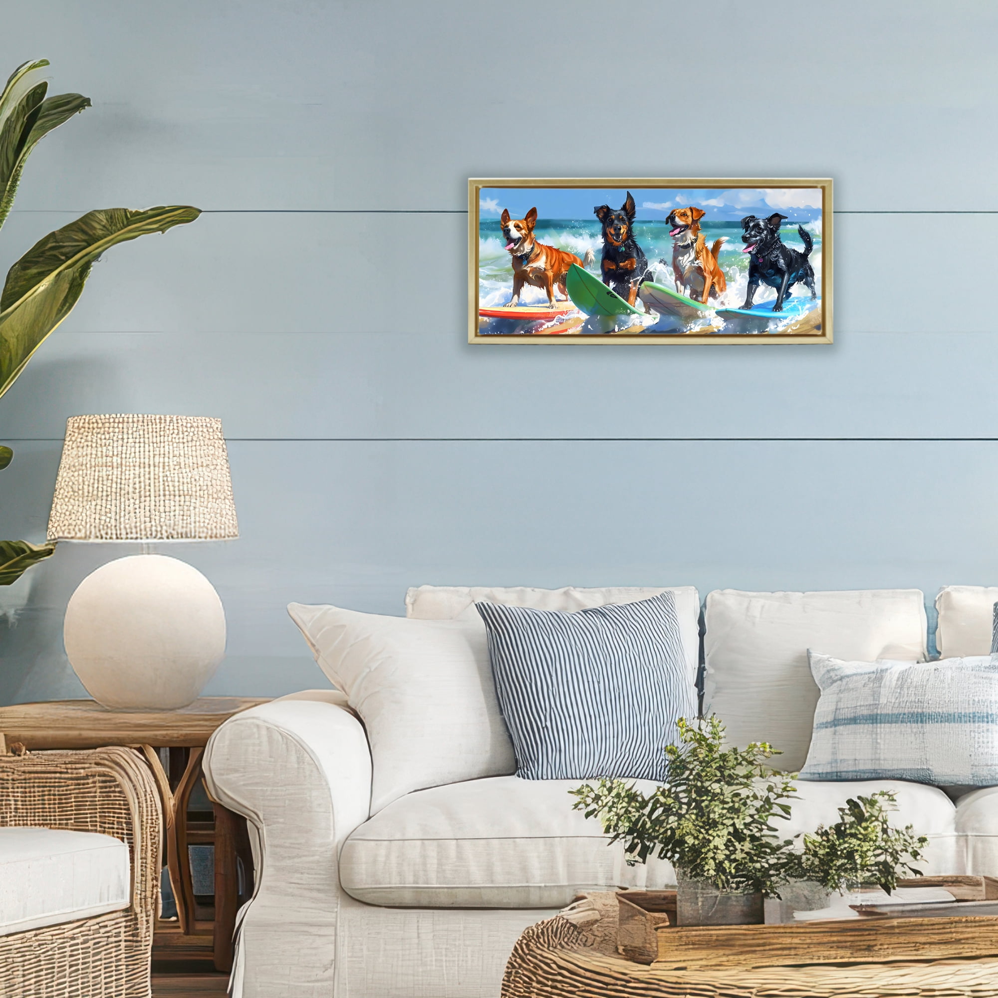 Stupell Industries Dogs on Surfboards Summer Fun Gold Framed Floater Canvas Wall Art, design by Creative Studio