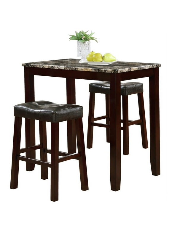 Roundhill Furniture 3Pc Counter Glossy Print Marble Breakfast Table Set Espresso