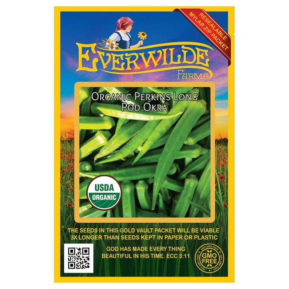 Everwilde Farms - 50 Organic Perkins Long Pod Okra Seeds - Gold Vault Jumbo Bulk Seed Packet