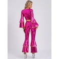 thumbnail image 4 of YiZYiF 70s Disco Costumes for Womens Metallic Shiny Jumpsuits Tiered Flare Sleeve Bell Bottoms Romper Hot Pink XXL, 4 of 7