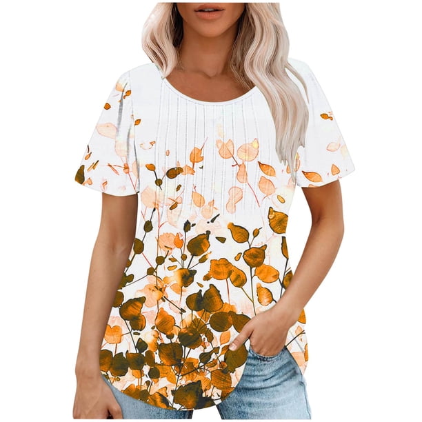 Tops Cortos para las Mujeres Cuello Redondo Suelto Impreso de Manga Corta, Tops Sueltos para las Mujeres