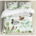 thumbnail image 1 of Rubber Duck Queen Size Duvet Cover Set, Lake Animals and Plants with Lily Flowers Reeds Cane in the Pond Nature Park, Decorative 3 Piece Bedding Set with 2 Pillow Shams, White Green, by Ambesonne, 1 of 3