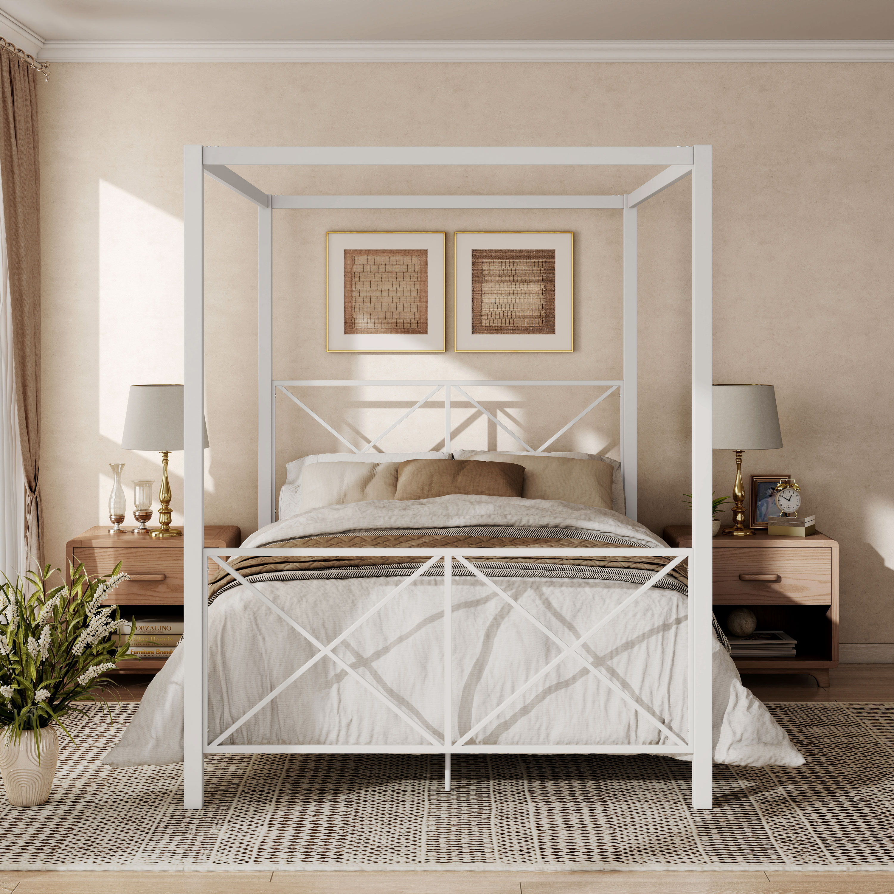 Furniture of America Rosedale Modern Metal X-Cross Canopy Bed, Full Size, Gold