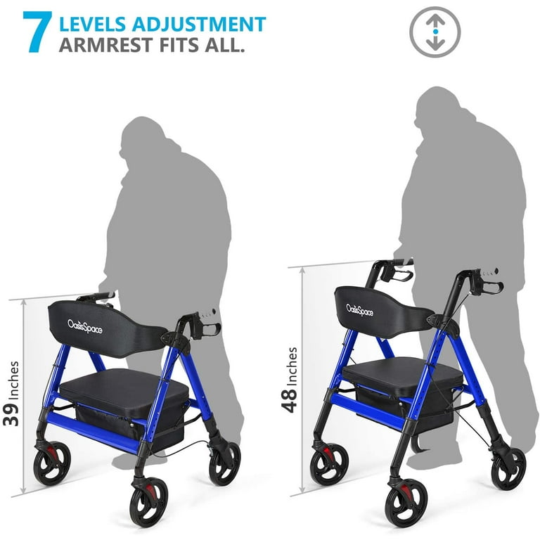 Oasisspace Heavy Duty Rollator Walker - Bariatric Rollator Walker with Large Seat for Seniors Support Up 500 lbs (Blue)
