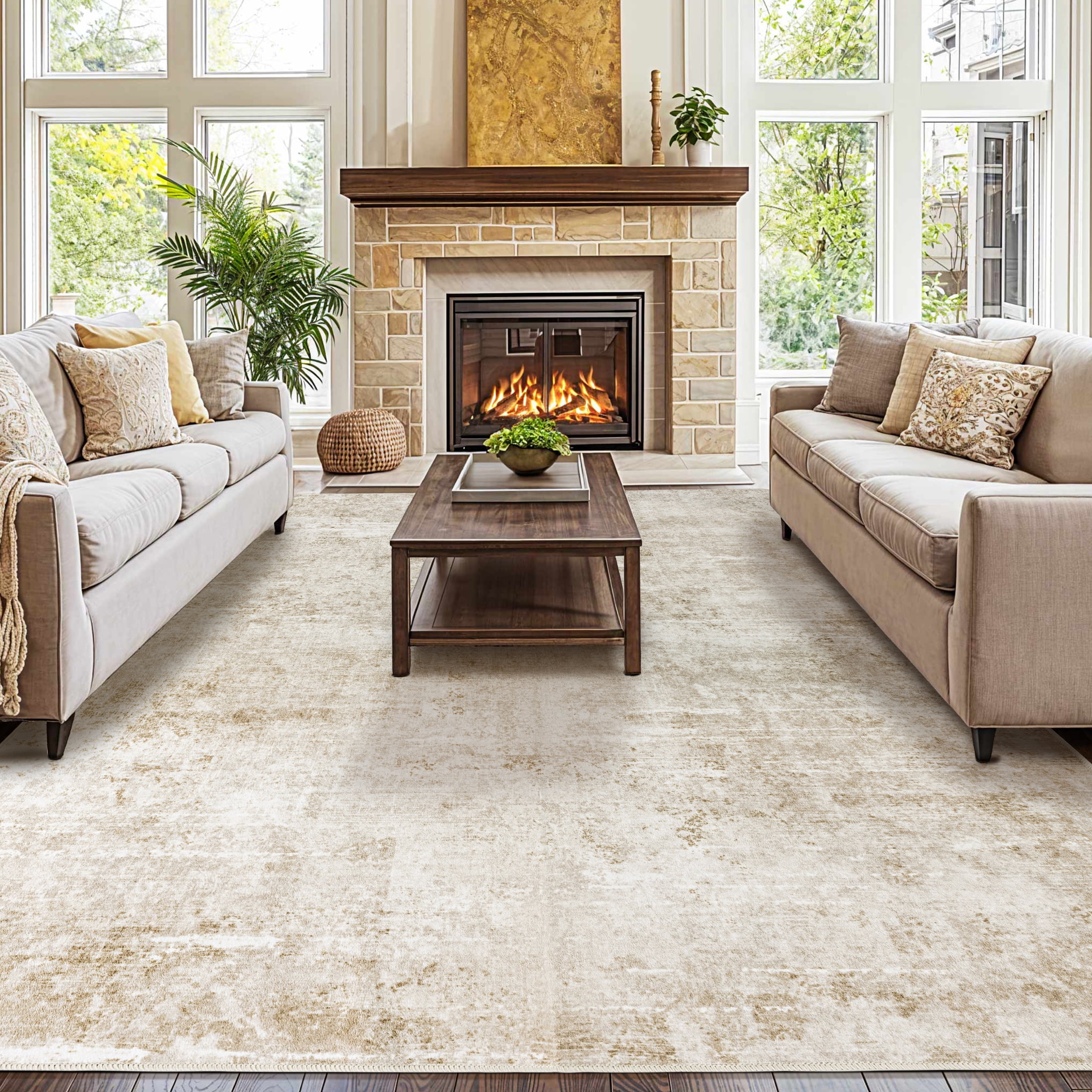 SONORO KATE 10'x14' Area Rugs for Living Room, Machine Washable Oriental Vintage Non Slip Soft Indoor Area Carpet, Beige