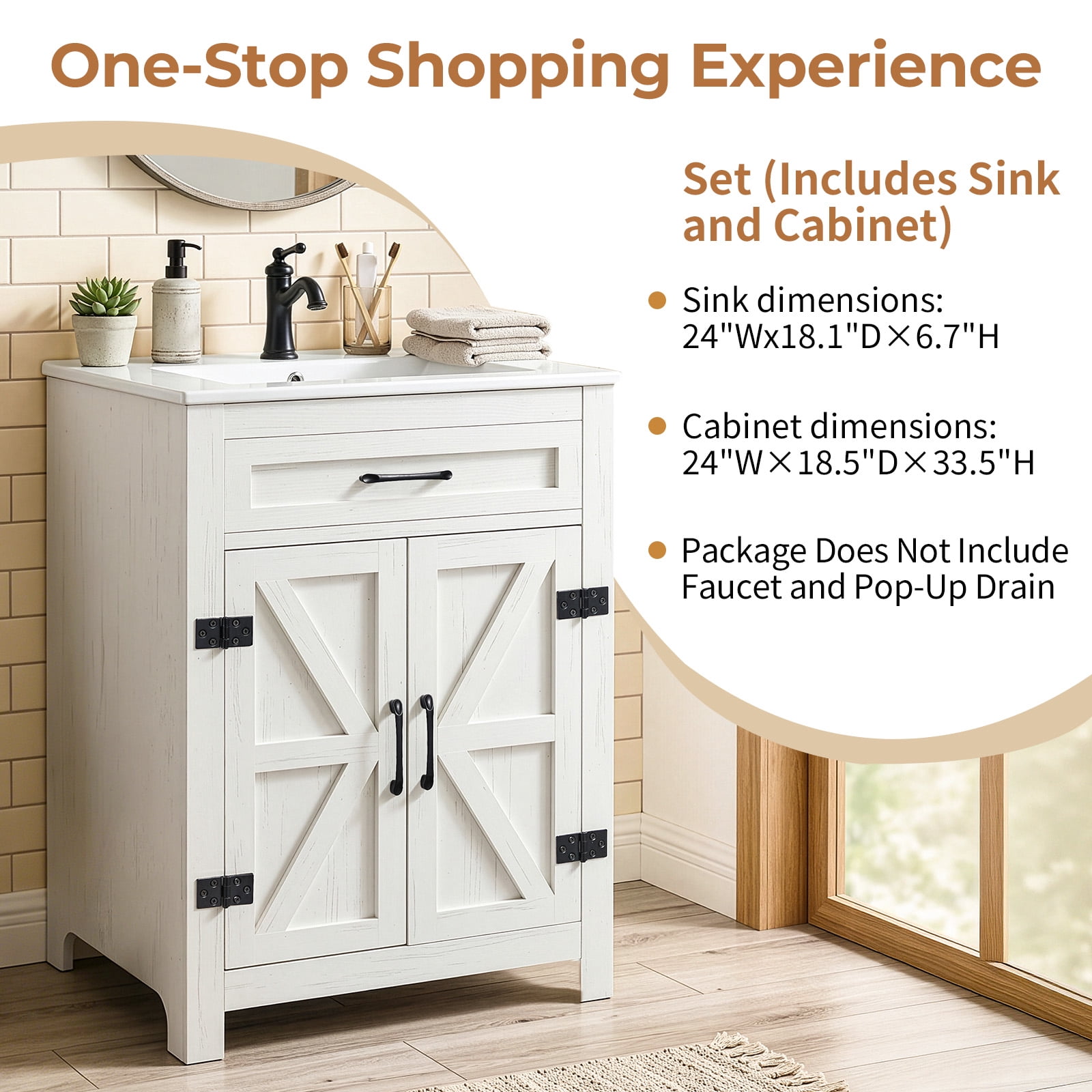 Ktaxon Farmhouse 24'' Bathroom Vanity Set with Sink Ceramic Top, Washed White (Split Two Packages for Delivery)