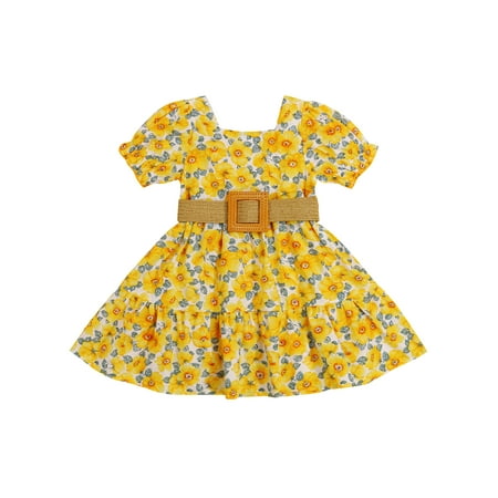 

Baby Kids Girls Casual Clothes Set Yellow Square Collar Short Sleeve Dress and Waistband