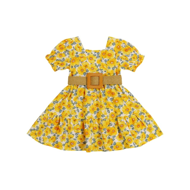 xiaxaixu Set de Vêtements pour Filles Robe à Manches Courtes à Col Carré et Ceinture