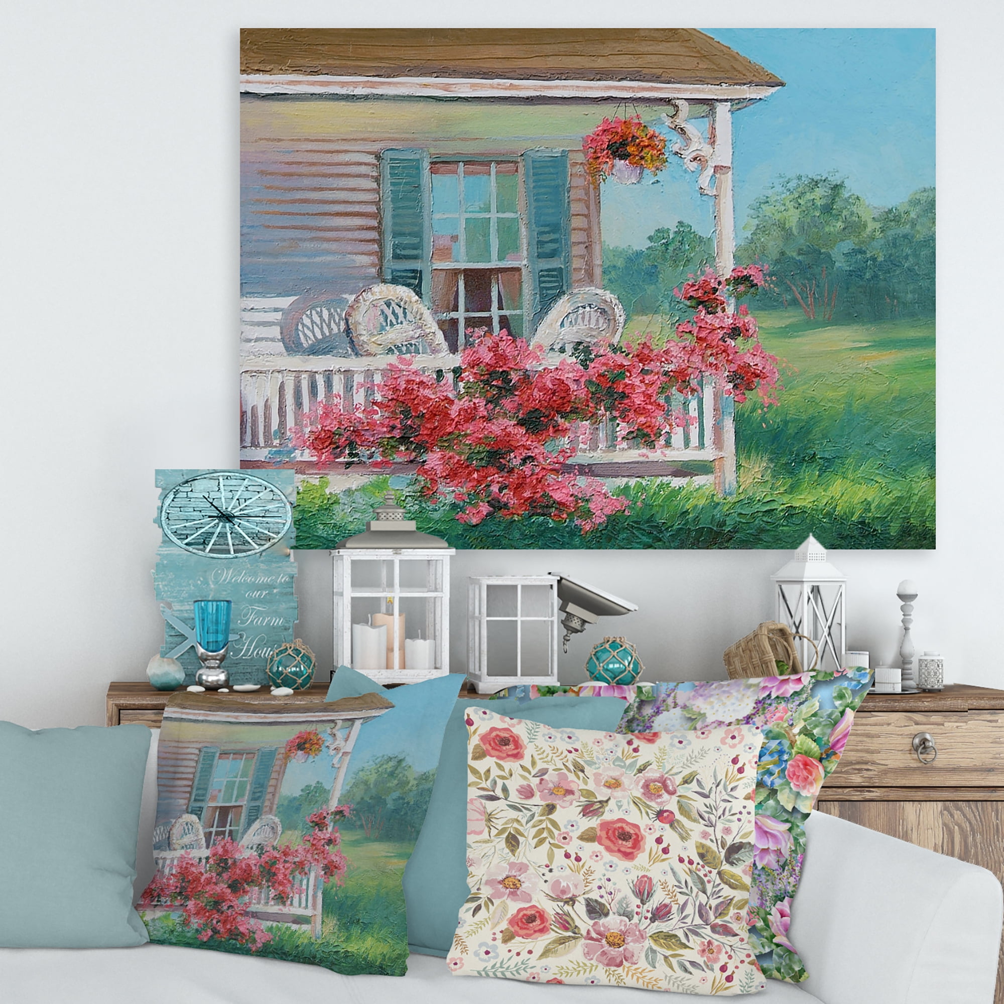 Designart ' Patio & Blossiming Red Flowers With Wooden House ' Traditional Canvas Wall Art Print