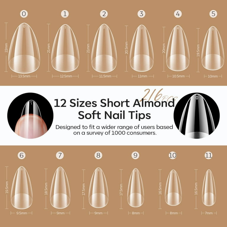 Modelones Short Almond Nail Tips, 216-Piece Gel Set photo 6