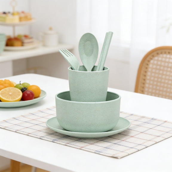 Horivan Eco-Friendly Wheat Straw Dinnerware 6-Piece Portable Cutlery, BPA-Free Dishwasher Safe, for Camping Picnics Office Home Use, Sustainable Biodegradable Plates Bowls Utensils