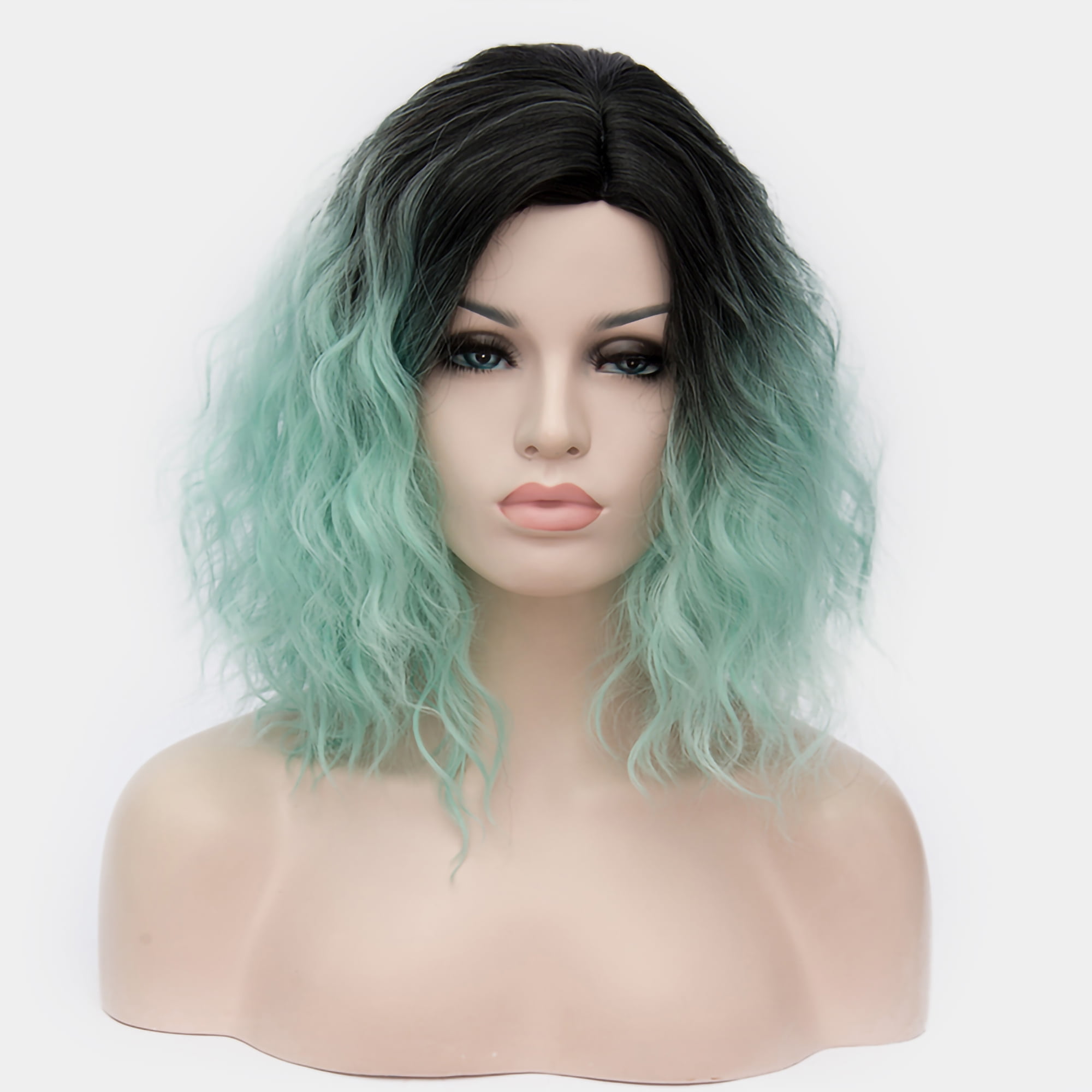 Unique Bargains Human Hair Wigs for Women Lady Curly Wig Cap Fluffy Curly Wavy Mint Green