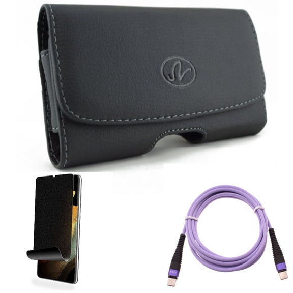 Case Belt Clip & Privacy Screen Protector & Purple 6ft PD Cable for Samsung Galaxy S22 Plus (S22 ) - Combo Leather Swivel Holster & TPU Film (Fingerprint) Anti-Peep & Type-C to USB-C Long Charger Cord
