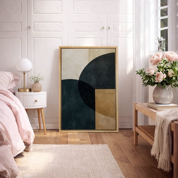 Framed Canvas Print Mid-Century Modern Geometric Wall Art Neutral Abstract Decorative for Living Room Bedroom - 16"x24" NATURAL