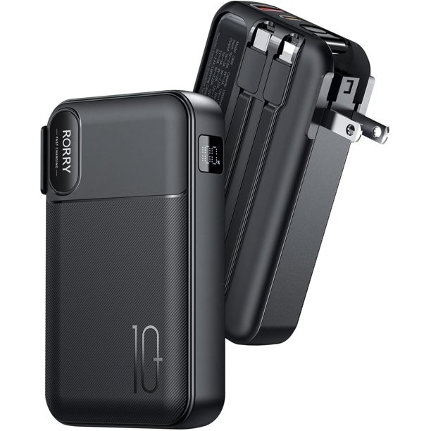 RORRY Power Bank, 10000 mAh Bateria Portatil Pila PD 22.5W con Ehufe AC Plegable, Cargador Recargable para Celular con Cabl Integrados para Xiaomi iPhone Samsung Galaxy ZTE Pixel, Negro