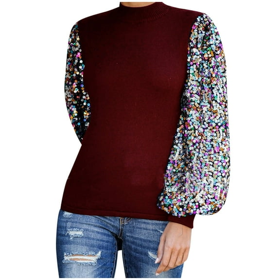 2026 ! asdoklhq Long Sleeve T-Shirts for Women,Ladies Half High Neck Sequin Sequin Stitching Lantern Sleeve Long Sleeve Top