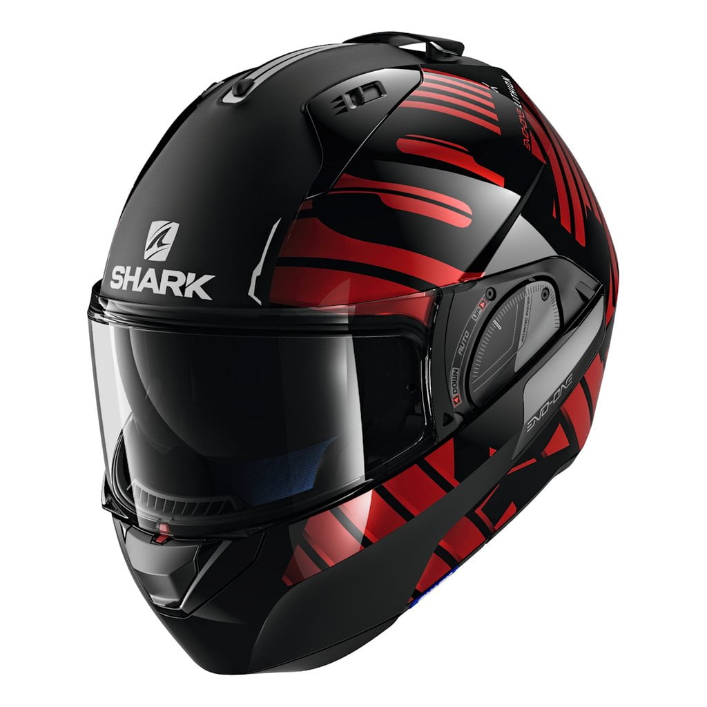 red and black modular helmet