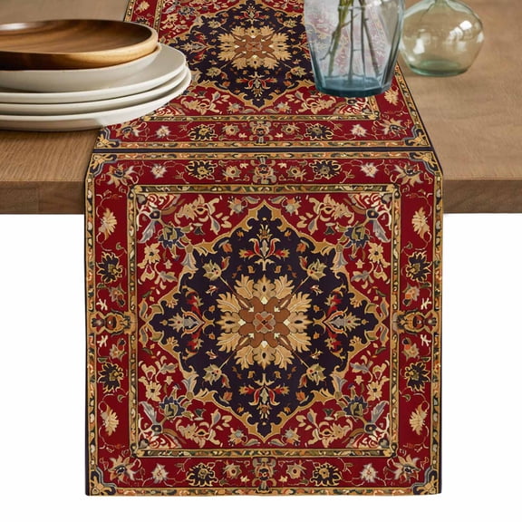 Red Boho Table Runner, Contemporary Abstract Ethnic Vintage Geometric Washable Cotton Linen Table Runners 60 Inches Long, Dresser Scarf Runner for Coffee/TV Stands/Kitchen/Cabinets 13''x60''
