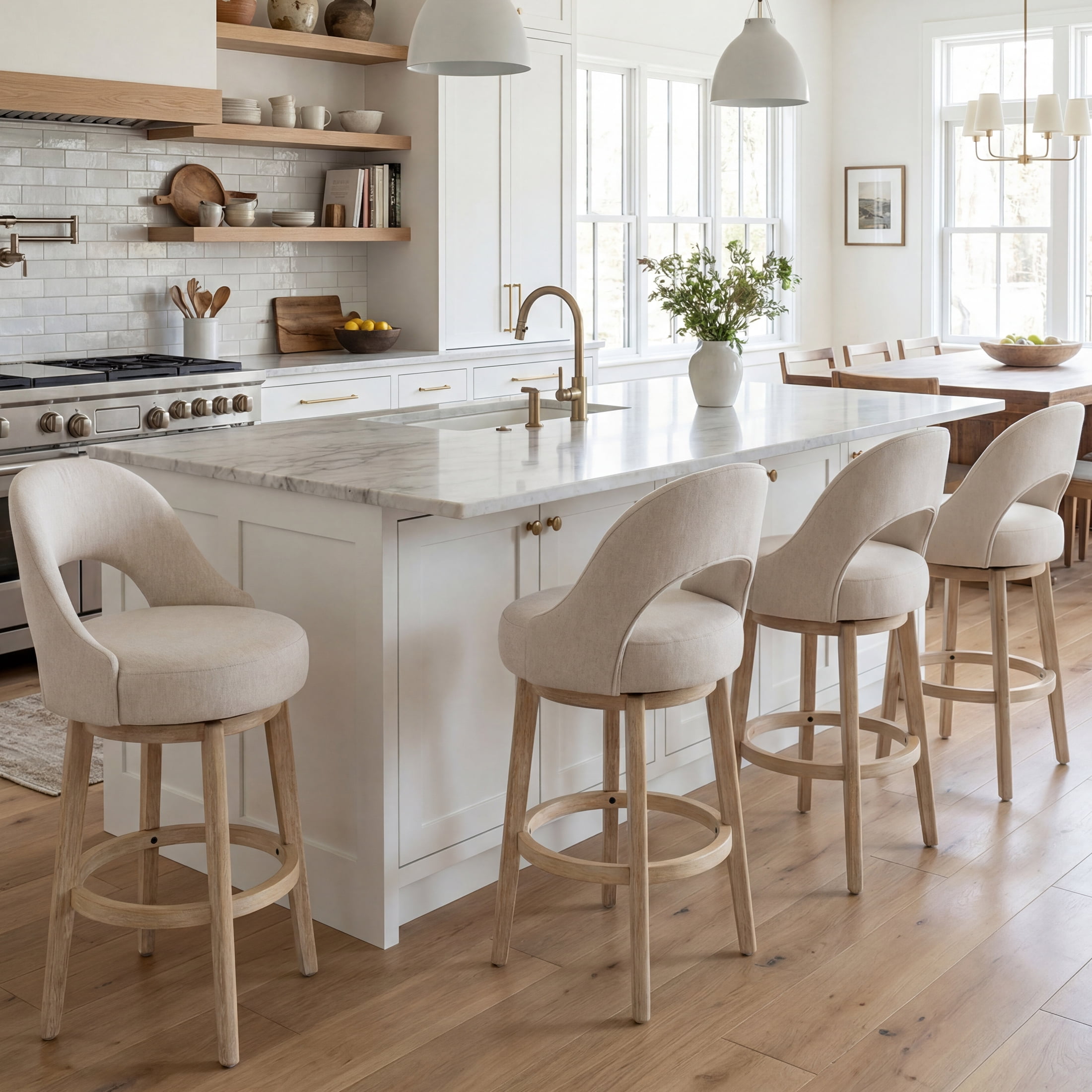 Guyou 30" Swivel Bar Stools Set of 6, Chenille Upholstered Barstools with Curved Back and Round Footrest, Modern Wooden Tall Kitchen Bar Chairs for Home Bar Pub Cafe, Beige