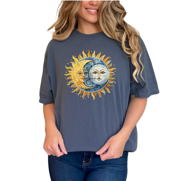 Sun and Moon T-Shirt, Celestial Graphic Tee, Cosmic Design Shirt, Spiritual Art T-Shirt, Unique Astronomical Print Top, Comfortable Wear, Denim Comfort Colors T-Shirt, Small