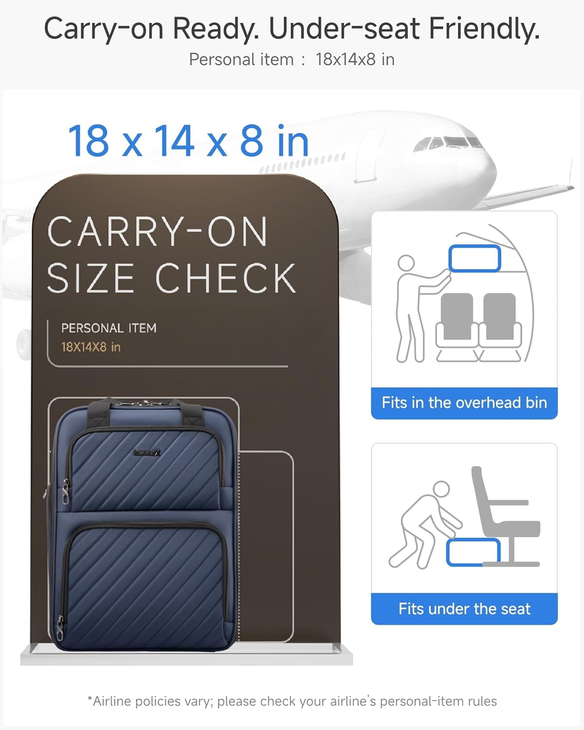 Underseat Carry On Luggage with Wheels, UDK-Plus Large-Capacity Lightweight Soft Sided Personal Item Suitcase for Short Trips (UX-Plus, Blue Black, 16 Inch)