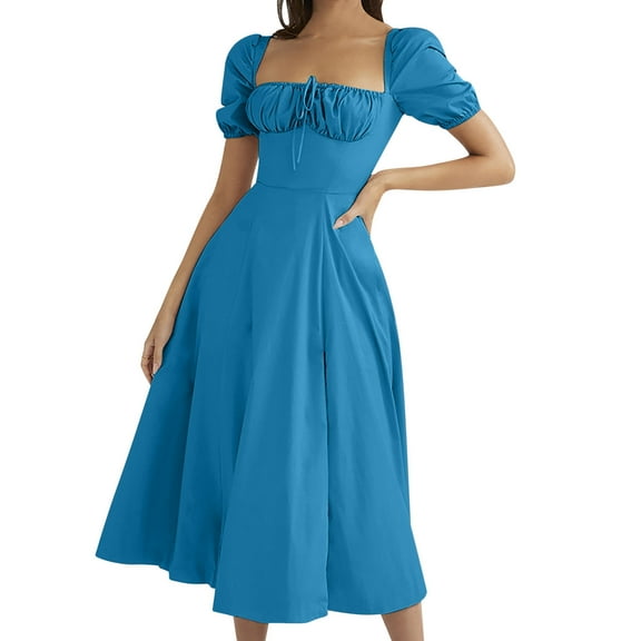 RYRJJ Women's Summer Casual Dress Puff Short Sleeve Sweetheart Neck Dresses Elegant Off Shouler High Waist A-Line Party Long Dress(Blue,L)